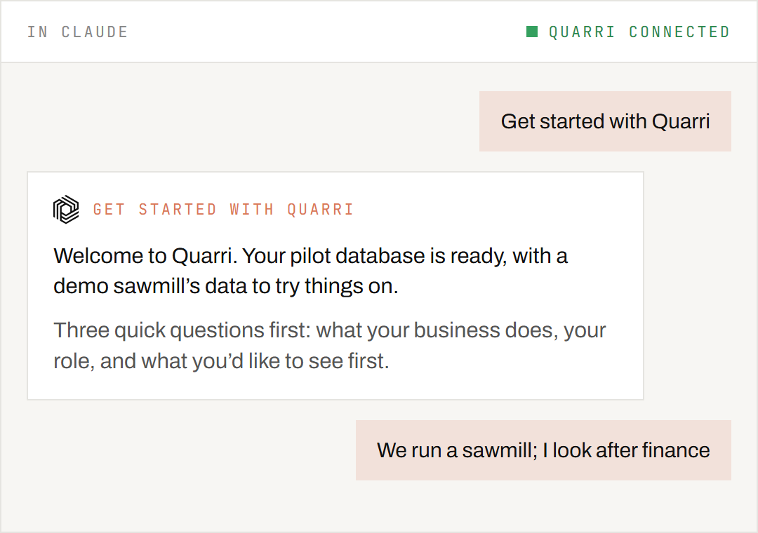 The first step of Get started with Quarri in a Claude chat