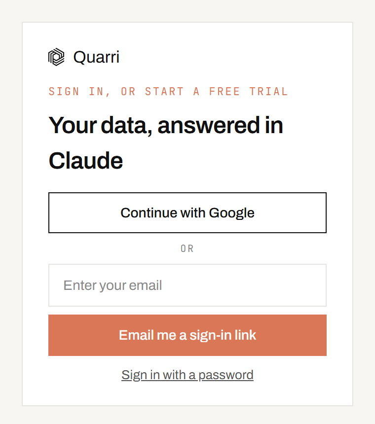 The Quarri sign-in page: continue with Google, or email a sign-in link