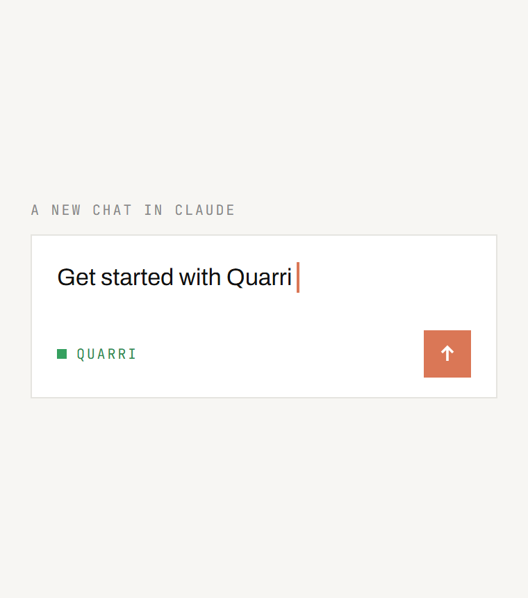 A new chat in Claude with Get started with Quarri typed in