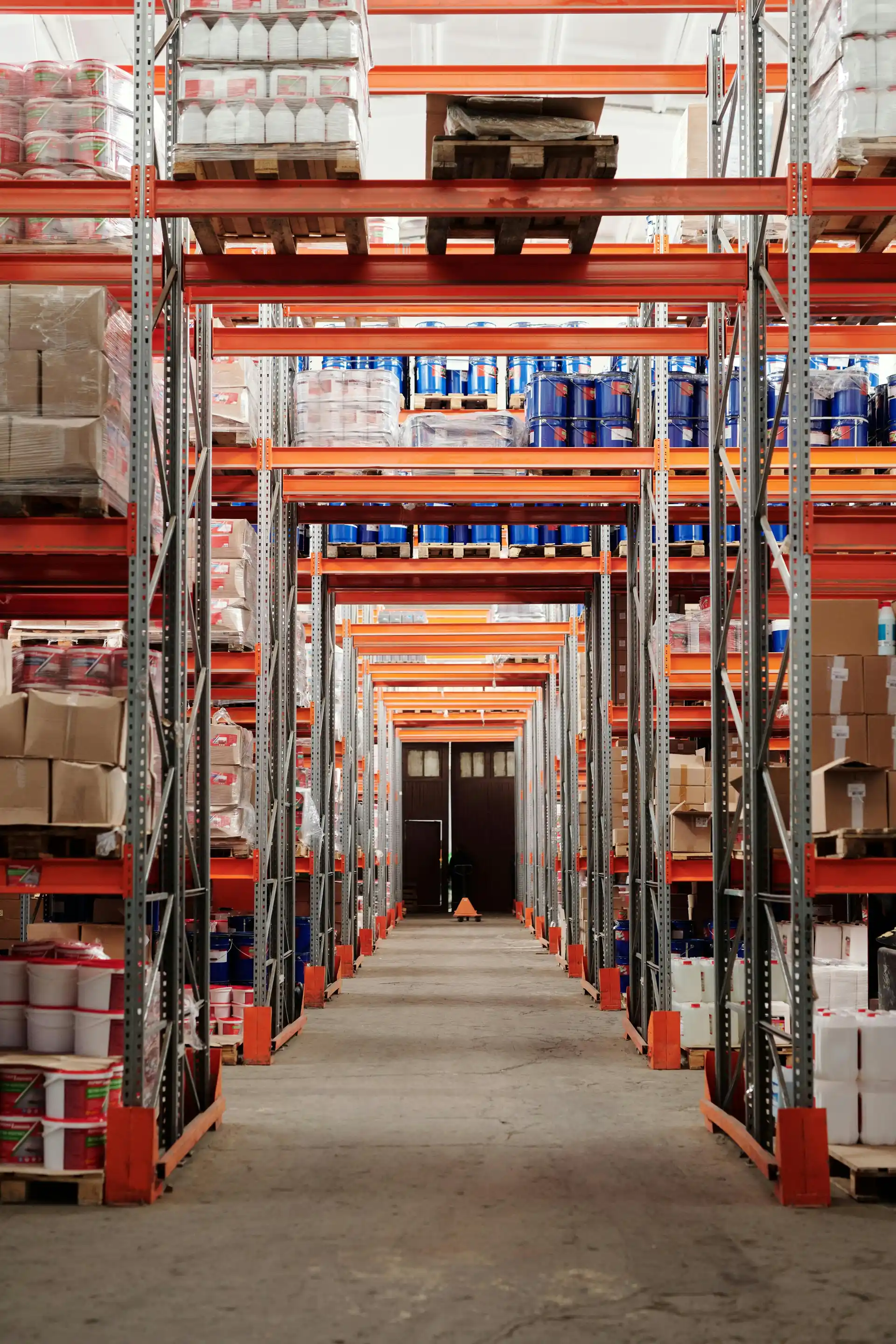 Aisles of pallet racking in a distribution warehouse